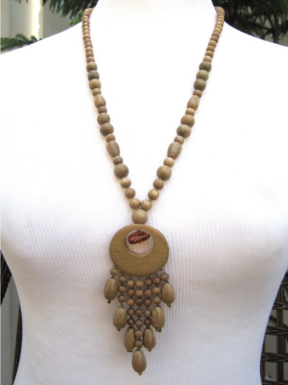 Handmade Natural Juniper Wood Bead Statement Necklace with amber